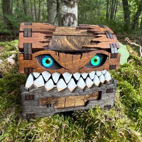 Mimic Box: “Smiley the Dice Hoarder”; Wooden Dice Container, Treasure Chest, Keepsake Box, Jewelry Guardian, Laser-Engraved & Hand Painted