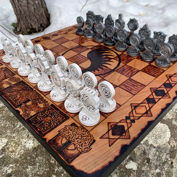 Chess Board Game: Wheel of Time-themed Chess Game, "DELUXE VERSION", Laser-engraved Iconic Playing Pieces, Storage Tray, Pyrographed Artwork