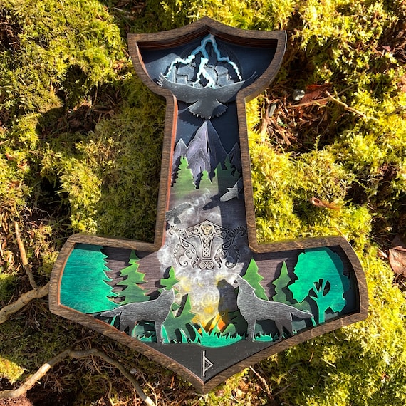 Dimensional Art: "God of Thunder"; Nordic-themed Mjolnir Wall Decoration, Wooden Layered Art for fans of Viking Lore, Hand Painted Details