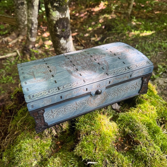 Keepsake Chest: "Fenrir's Wrath"; Laser-Engraved Box, Nordic-themed Artwork, Handcrafted Wooden Chest w/ magnetic lid & velvet interior