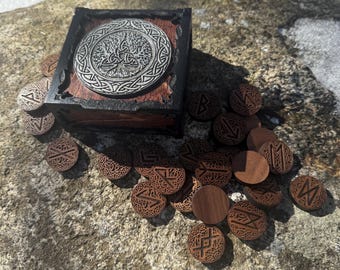 Runes Set: "Knotted Insight" - Wooden Elder Futhark Runes w/ Decorative Box - MADE TO ORDER