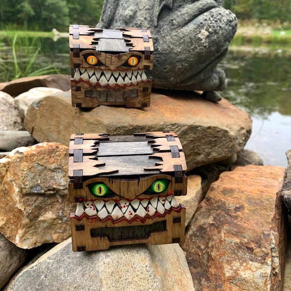 Mimic Box: “Smiley the Dice Chest” Dice Container, Toothy Dice Treasure Chest, Keepsake Box, Jewelry Guardian, Laser-Engraved & Hand Painted