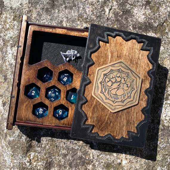 RPG Slider Box: "Tome of Heroes"; Character-themed, Wooden Sliding Book Box, Dice & Miniature Caddy, Dice Tray, RPG Accessory - Customizable