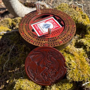 Cribbage Board: Round 2-Player Wooden Cribbage track w/ Card & Peg Storage, Customizable Artwork and Color Choices, Cards and Pegs Included