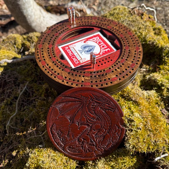 Cribbage Board: Round 2-Player Wooden Cribbage track w/ Card & Peg Storage, Customizable Artwork and Color Choices, Cards and Pegs Included