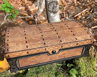 Keepsake Chest: &quot;Scalawag Seas&quot;; Pirate-themed Token Chest, Laser-Engraved Artwork, Handcrafted Wooden Box w/ magnetic lid & velvet interior
