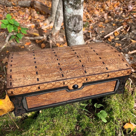 Keepsake Chest: "Sea Wolf Territory"; Pirate-themed Chest, Laser-Engraved Artwork, Handcrafted Wooden Box w/ magnetic lid & velvet interior