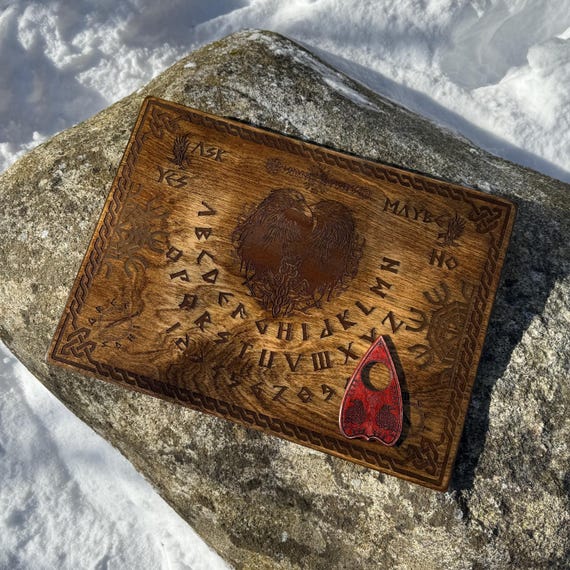 Spirit Board: "Thoughts & Memories" - Wooden Spirit Board w/ Planchette, Witch Board, Talking Board, Laser Engraved Nordic-style Artwork
