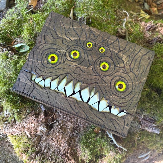 Mimic Box: “Gnasher” - Wickedly themed Book-style Box, Souvenir/Memento Box, Wooden Gaming Case, Laser-Engraved, Storage for A5-sized Paper