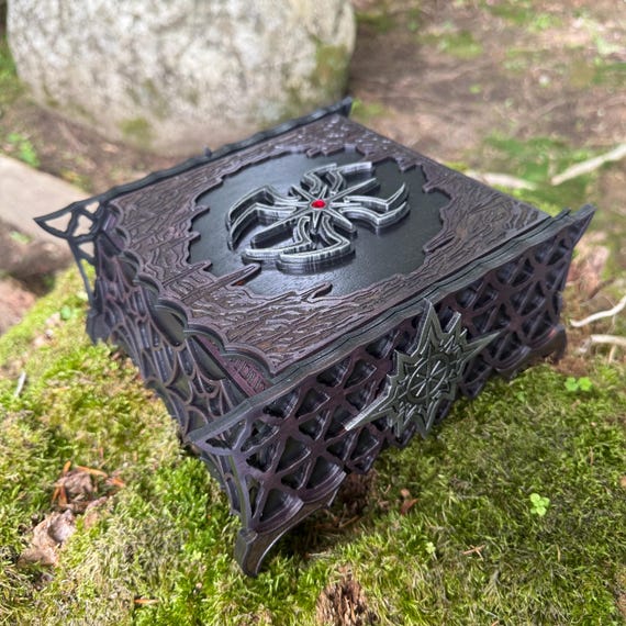 Memento Box: "Lolth-Sworn" - Laser-Engraved Wooden Chest w/ Spidery-themed Artwork, Drow Elves, Handcrafted Keepsake Chest, Velvet Interior