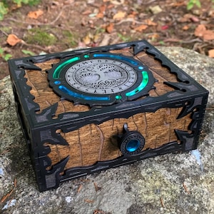 Runes Set & Box: &quot;Roots of Wisdom&quot;; set of hardwood Nordic Elder Futhark Runes in Decorative Wooden Chest, laser-engraved w/ acrylic inlays