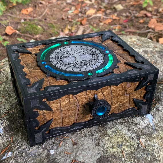 Runes Set & Box: "Roots of Wisdom"; set of hardwood Nordic Elder Futhark Runes in Decorative Wooden Chest, laser-engraved w/ acrylic inlays