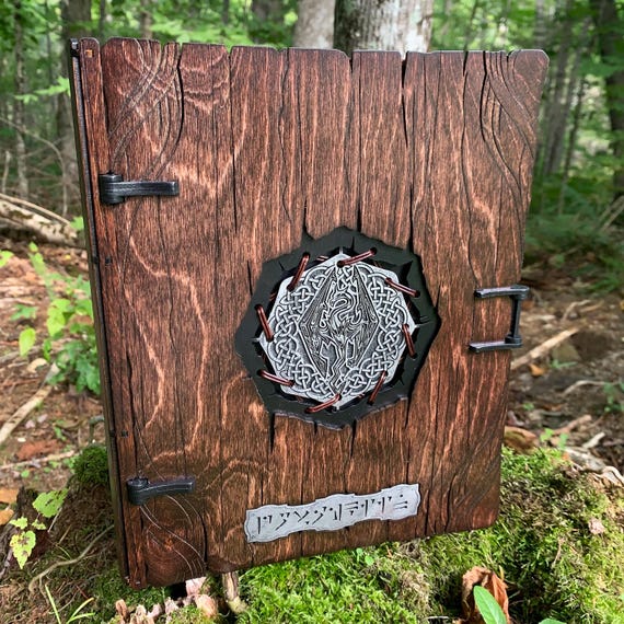 Book Box: "Archives of the Dragonborn"; Laser-Engraved Book Box w/ Skyrim-themed Art, Handcrafted Wood Case, Book of the Dovahkiin; A4 paper