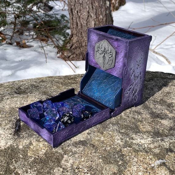 Dice Tower: "Webs of the Drow" - Laser-engraved, Hand Painted RPG Accessory w/ classic Drow, Dark Elf theme, Folding Box-style Dice Tower