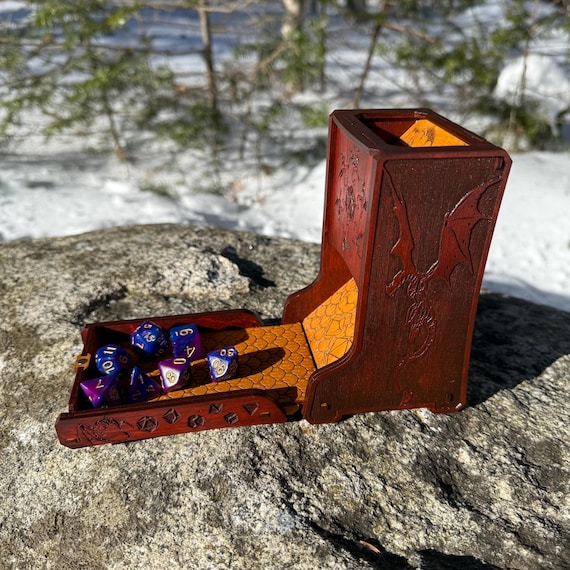 Dice Tower: "Dragon's Dominion" - Folding Wooden Dice Tower w/ Magnetized Close, RPG & Board Game Accessory, Laser Engraved Dice and Dragons