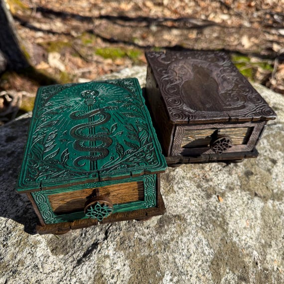 Tarot Card Box: "Cartomancer" - Laser-Engraved & Handcrafted Wooden Drawer Box, Customizable - MADE TO ORDER