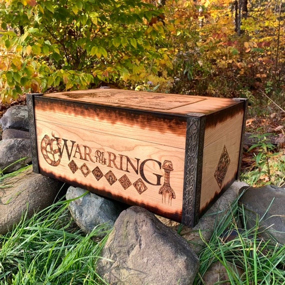 Board Game Box: Custom Wooden Storage Box for Ares Games "War of the Ring" + Expansions; Handcrafted, Decorated w/ Wood-burned Art and Logos