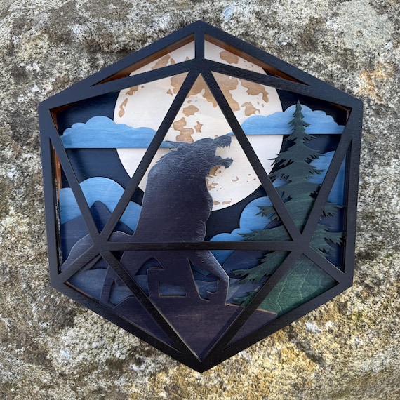 Dimensional Art: "Full Moon Fever"; Werewolf-themed Wall Decoration, Wooden Layered Art for Horror Fans, Game Room Decor, Lycanthropy Lovers