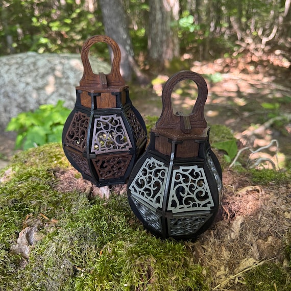 Candle Holder: “Faire Inn Lantern” - Flameless Votive or Tealight Candle Holder, Laser Engraved Wooden Tavern Lantern, Hang or Stand Display