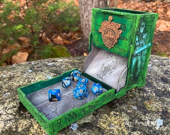 Dice Tower: "Adventures In the Dark" - Laser-engraved, Hand Painted Wooden Dice Tumbler - MADE TO ORDER