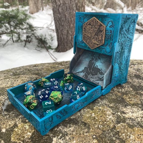 Dice Tower: "Githyanki Grottoes" - Laser-engraved, Hand Painted RPG Accessory w/ classic thematic artwork, Folding Box-style Wood Dice Tower