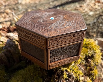 Storage Box: "Wisdom's Sacrifice" - Handcrafted Nordic-themed Hexagonal Box, Laser-engraved Artwork, Customizable - MADE TO ORDER