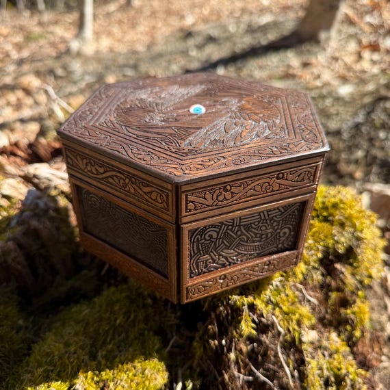 Storage Box: "Wisdom's Sacrifice" - Handcrafted Nordic-themed Hexagonal Box, Laser-engraved Artwork, Customizable - MADE TO ORDER