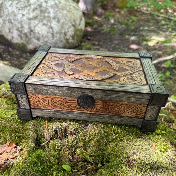 Trinket Chest: "Infinitely Knotted" - Laser-Engraved Wooden Chest w/ Celtic-themed Knotwork Art, Handcrafted Keepsake Chest, Velvet Interior