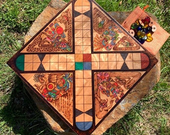 Patolli Game: Ancient Mesoamerican Aztec Racing Game, Handcrafted Wooden Board Game w/ Wood-burned Art & Colorful Detail, for 2-4 players