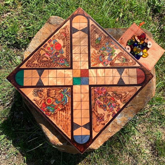Patolli Board Game: Ancient Mesoamerican Aztec Racing Game, Handcrafted Wooden Game, Pyrographed Artwork & Colorful Detail, for 2-4 players