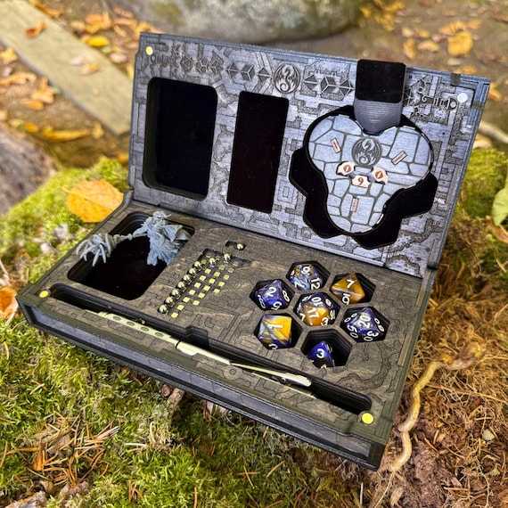 RPG Character Case: "Dungeoneer's Survival Case" - Handcrafted Wooden RPG Organizer w/ Spell Tracker, HP Counter, Dice & Miniature Storage