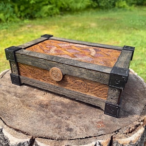 Trinket Chest: &quot;Infinitely Knotted&quot; - Laser-Engraved Wooden Chest w/ Celtic-themed Knotwork Art, Handcrafted Keepsake Chest, Velvet Interior