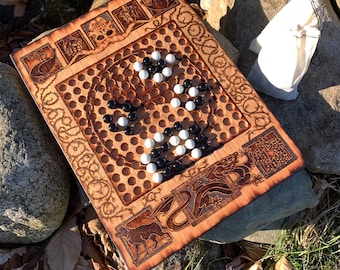 Stones Board Game: &quot;Skirmish-Sized&quot; Chinese Go Game, Handcrafted Wooden Strategy Game, Pyrographed Wheel of Time Icon Artwork, Customizable