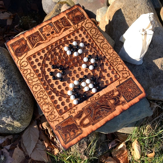Stones Board Game: "Skirmish-Sized" Chinese Go Game, Handcrafted Wooden Strategy Game, Pyrographed Wheel of Time Icon Artwork, Customizable