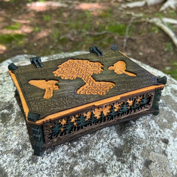 Souvenir Box: "Yggdrasil Beckons" - Nordic-themed Memento Box, Handcrafted Wooden Token Chest - MADE TO ORDER