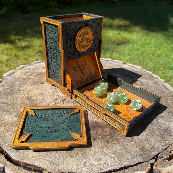 Dice Tower: "Tolkien's Legacy" - Wooden Folding Dice Tower w/ Tolkien Middle-Earth theme, Laser Engraved & Handcrafted - Customizable Colors