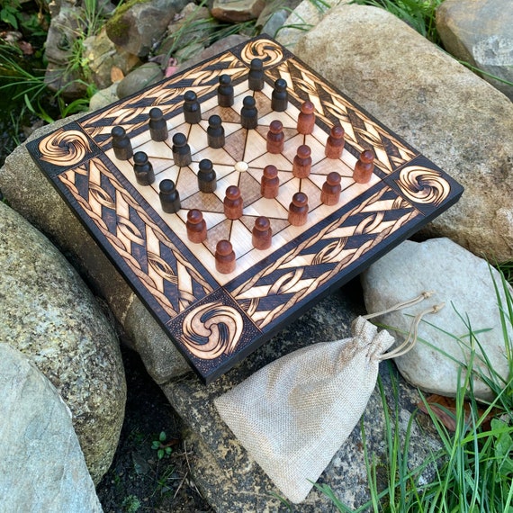 Alquerque Game: 'Quirkat', Handcrafted Wooden Traditional Board Game of Moorish Origin, woodburned historically-inspired art - customizable