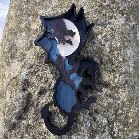 Dimensional Art: "Cloud Dancers"; Dragon-themed Stacked Picture, Game Room Decor, Wooden RPG Artwork, Laser-Engraved w/ Handcrafted Details