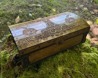 Keepsake Chest: &quot;Thor Odinsson&quot;; Laser-Engraved Box, Nordic-themed Artwork, Handcrafted Wooden Chest w/ magnetic closure & velvet interior