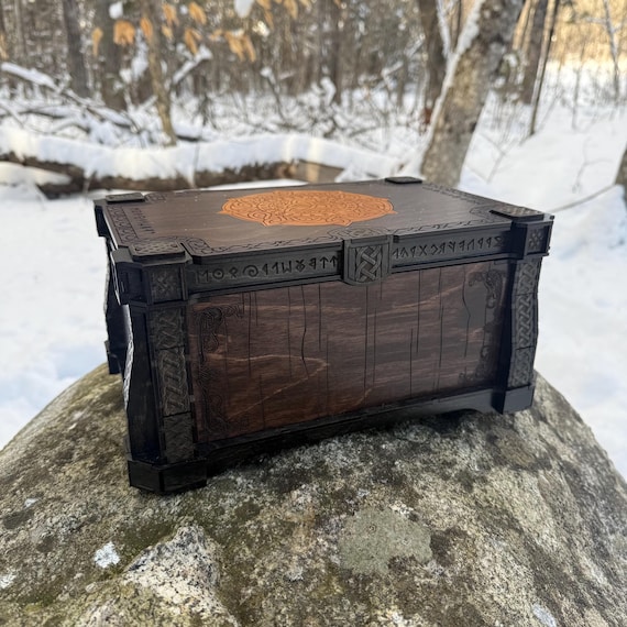 Memento Chest: "Glyphed Arcanum" - Handcrafted Wooden Desktop Trunk, Laser-Engraved Artwork, Customizable - MADE TO ORDER