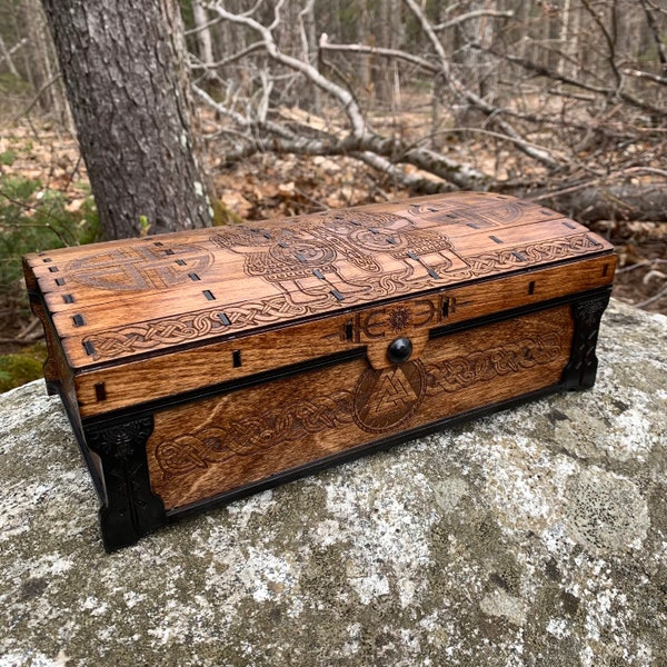 Keepsake Chest: "Einherjar of Valhalla"; Laser-Engraved Box, Viking-themed Art, Handcrafted Wooden Chest w/ magnetic closure & felt interior