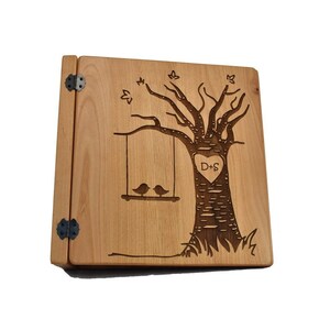 Rustic Customized Wood Wedding Photo Album- Lovebirds 3 Ring Engraved Photo Album