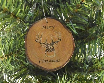 Merry Christmas Deer Rustic Wood Ornament