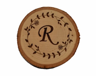 Live Edge Custom Laser Engraved Wooden Coasters - Family Monogram Rustic Tree Slice Coaster