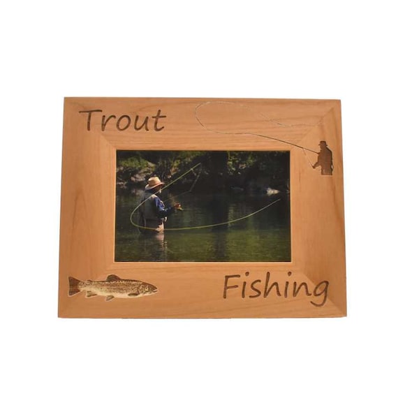 Individuell gravierter Holz-Fotorahmen - Fliegenfischen-Geschenkidee für Outdoorsman - Forellenfischen