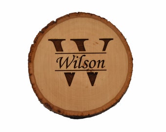 Custom Engraved Live Edge Rustic Drink Coasters – Family Name Round Natural Wood Monogrammed Coaster