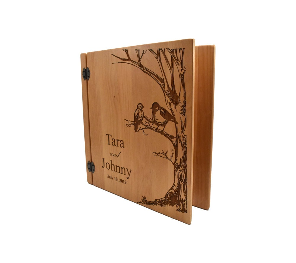 Engraved Wooden Wedding Photo Album Custom Birds in Tree 3 Ring