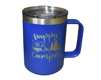 Taza de café aislado grabado personalizado para llevar con tapa - Happy Camper Coffee Mug Insulated Polar Camel Laser Engraved Cup