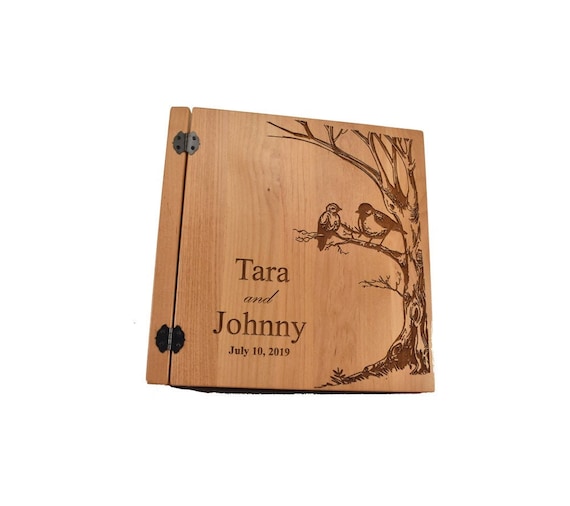 Engraved Wooden Wedding Photo Album Custom Birds in Tree 3 Ring