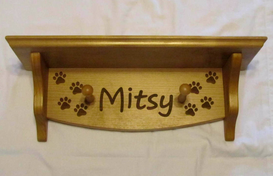 Personalized Wood Shelf With Pegs - Custom Engraved Dog Name Small